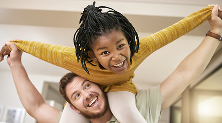 Image showing Happy father, adoption and smile for piggyback ride, playing or fun bonding relationship together at home. Dad carrying adopted kid on shoulders smiling for joyful family play time in the house