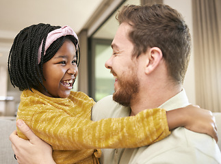 Image showing Black girl, adoption or father in hug in living room or house, family home or orphanage with foster success, support or love trust. Smile, happy child or excited kid bonding with dad, man or parent