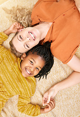 Image showing Woman, girl love and family, relax together on living room floor in overhead portrait, happiness and bonding in family home. Mother, child relationship and spending quality time, care and happy.