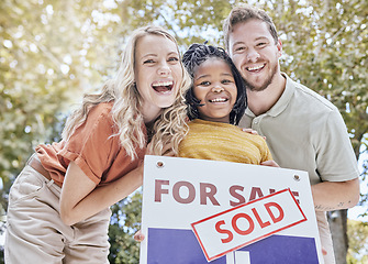 Image showing Family, real estate and happy with new house, home and parents with kid in portrait and property with homeowner. Adoption, mortgage and happiness with mother, father and child outdoors with sold sign