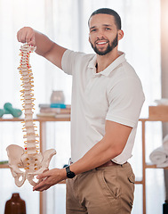 Image showing Chiropractor, spine of skeleton and portrait of doctor for healthcare, medical and orthopedic anatomy. Physiotherapy, surgery and medicine with man and backbone for vertebra, spinal or insurance