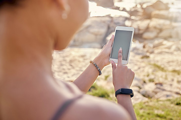 Image showing Woman, hands and phone mockup at the beach for social media, communication or chatting in the outdoors. Hand of female touching smartphone chromakey display screen for advertising, marketing or app