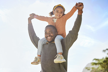 Image showing Father, child and smile holding hands for piggyback, love and support for parenting, childhood or trust in the outdoors. Happy dad carrying kid smiling on shoulders for family bonding time in nature