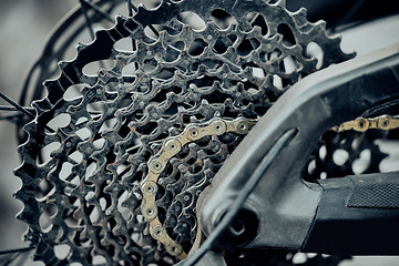 Image showing Bicycle, metal chain or wheel cassette in repair workshop, retail bike store or home garage in fixing, oil maintenance or upgrading. Zoom, texture or steel cycling mechanical engineering for bmx tire