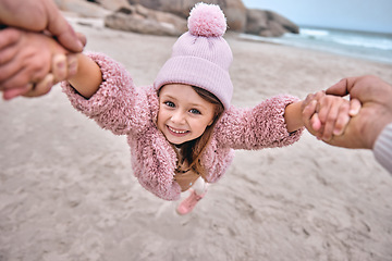 Image showing Girl, father or playing in spinning game on beach, ocean or sea holiday pov in trust, security or love. Portrait, smile or happy child bond with dad, man or parent in fun or exciting nature activity