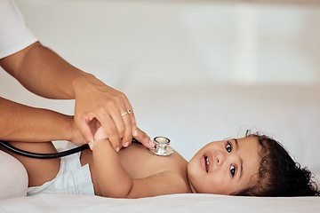 Image showing Medical, consulting and stethoscope with baby on bed for healthcare, cardiology and pediatrician exam. Help, medicine and check with hands of doctor and heartbeat of child for growth, lungs or breath