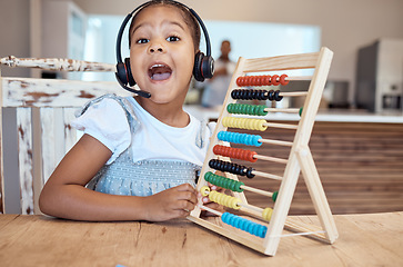Image showing Headphones, abacus and girl learning in home in video call, online class or distance learning. Portrait, education or child with headset and wood calculator tool for studying math in webinar at house