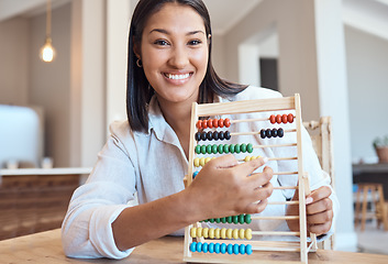 Image showing Video call, woman or teacher with math abacus in lockdown homeschool lesson, webinar classroom or education learning. Portrait, smile or happy tutor vlog teaching quarantine students from house study