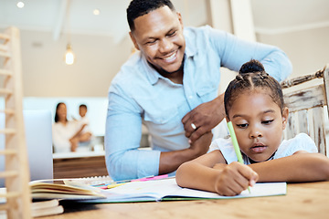 Image showing Child, father and support while doing homework, learning and doing school work in book for knowledge, education and bonding at home. Man helping girl with studying, focus and development at table