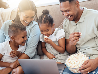 Image showing Movie, popcorn and family on sofa with laptop watching, streaming and laughing at comedy. Love, black family and mom and dad with children eating snack, bonding and enjoying online entertainment