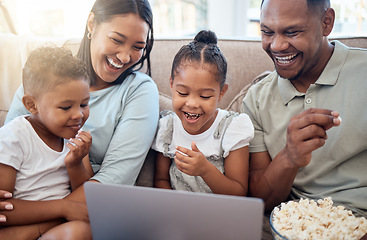 Image showing Black family, laptop and sofa for movie, popcorn and streaming on internet in home living room together. Happy family, computer and comedy movies on web, app or screen with happy smile in family home