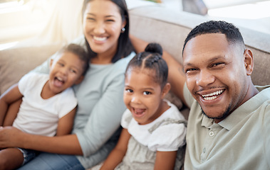 Image showing Happy, relax and selfie with family on sofa for smile, support or social media app together. Technology, photographer and portrait of parents with children in living room at home for bonding and care