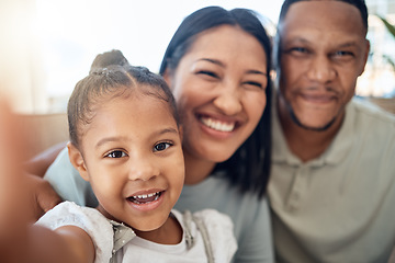 Image showing Mother, father and child take a selfie as a happy family relaxing on a peaceful and calm weekend together. Portrait, mom and dad enjoy bonding and taking pictures with a young girl or child at home