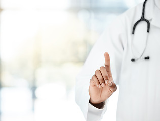 Image showing Black man, doctor or finger pointing hand in hospital, wellness clinic or healthcare center for compliance, stop or protocol on mockup. Zoom, healthcare worker or insurance employee and medical rules