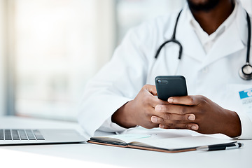 Image showing Black man, doctor hands or phone or laptop, notebook or mobile for medicine research, surgery schedule or life insurance planning. Zoom, healthcare worker or employee with technology for hospital web