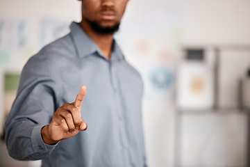 Image showing Businessman, finger and interactive touch in office for modern marketing data analysis, target audience research or advertising analytics. Zoom, employee or creative worker on hand interface strategy