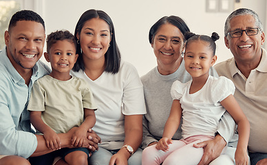 Image showing Big family, smile and portrait in home living room for bonding, love or support. Care, happy and grandpa, grandma and parents, kids or children relax in lounge enjoying quality time together in house