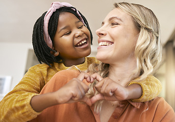 Image showing Heart sign, adoption and mother with black girl, happy together for bonding, loving and smile. Love, foster mother and daughter being cheerful, happiness and joyful to celebrate adopted child in home