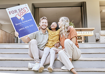 Image showing Family, buy house and sold sign with a smile about property and new real estate sale. Portrait of a moving poster of a diverse father, child and adopted girl feeling happy about mortgage together