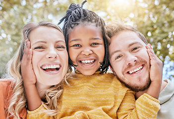 Image showing Girl, adoption and bonding parents in garden, nature park or sustainability backyard environment for mothers day, fathers day or summer break. Portrait, smile and happy black child, mom or foster dad