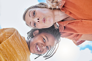 Image showing Happy, mother and child smile with a interracial family outdoor with a smile bonding. Portrait of a laughing, silly and funny faces of a mom and adoptive girl with love, care and happiness together