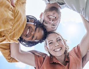 Image showing Love, bottom and happy family hug from adoption child, mother and father bonding, have fun and enjoy quality time together. Happiness, huddle and blue sky portrait of black child, dad and mom playing