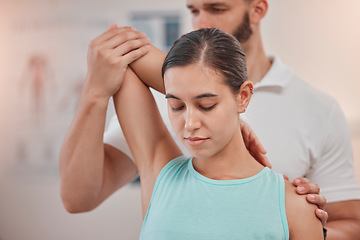 Image showing Physical therapy, woman patient and physiotherapy at a spa or clinic for chiropractic consultation. Spine health for consulting healthcare employee stretching a back problem for health and wellness