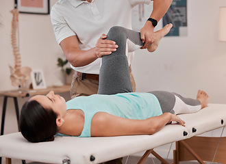 Image showing Leg, physiotherapy and healthcare of woman at hospital for rehabilitation, recovery or wellness. Help, physical therapy or female patient with chiropractor for stretching, knee pain or injury healing