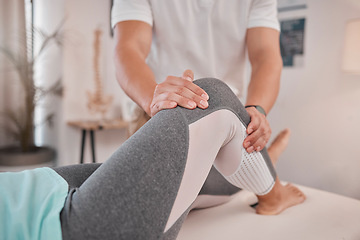 Image showing Physical therapy, leg and chiropractor massage a woman patient in a health and wellness consultation. Physiotherapist, medical and healthcare of a consulting physio helping with a knee injury