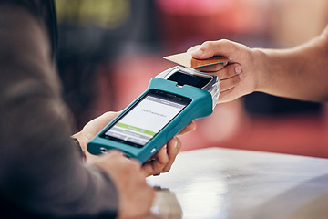 Image showing Men, hands and credit card banking machine for fitness gym membership, exercise subscription or workout supplement sales. Zoom, nfc or rfid pos payment device for personal trainer wellness coaching