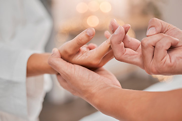 Image showing Relax, hands and finger massage at spa for pain, arthritis or carpal tunnel syndrome. Zen, physiotherapy and client with therapist in salon for help with healthcare, physical therapy and wellness.