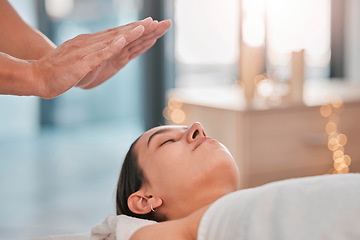 Image showing Hands, relax woman or reiki spa for headache pain relief, depression healing or stress management in healthcare wellness or holistic clinic. Man, energy healer or mind chakra aura cleanse on patient