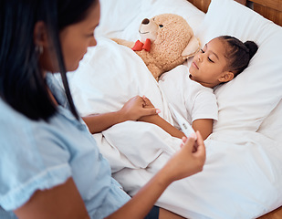 Image showing Sick, thermometer and mother helping child in bed healthcare, virus check and monitor progress or healing development. Sad girl sleeping and mom nursing kid with test results or home health problem