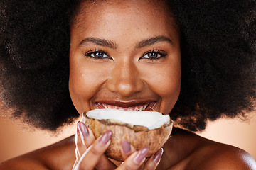 Image showing Beauty, skincare and portrait of girl with coconut for antioxidants, facial treatment or anti aging. Hydration skin glow, body care and face of black woman with fruit product for natural healthcare