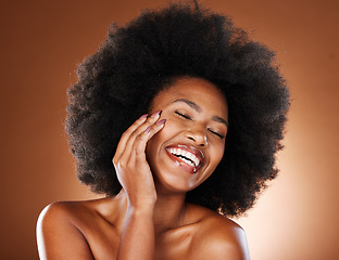 Image showing Skincare, beauty and portrait of black woman with smile on face, luxury care for smooth, clean and fresh skin. Happiness, health and happy woman or girl from South Africa with healthy afro hairstyle.