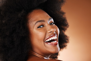 Image showing Hair care, black woman and beauty with smile, afro and dental health, white teeth and healthy oral. Happy, cosmetic and skin health of a person with an afro with happiness or content face with joy