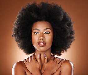 Image showing Natural hair, studio and black woman in beauty portrait with skincare, cosmetics and salon for youth wellness, power and self love promotion. African or afro model face with healthy hair care growth