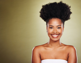 Image showing Black woman afro, beauty smile and skincare for makeup cosmetics against a studio background. Portrait of African American female smiling in satisfaction or profile for cosmetic care or spa treatment