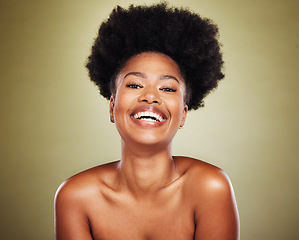 Image showing Black woman, afro hair or face skincare glow on green studio background dermatology, cosmetology or self love wellness. Portrait, smile or happy beauty model and natural hairstyle or makeup cosmetics