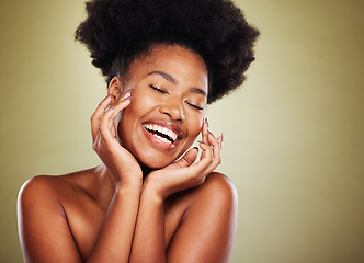 Image showing Black woman, skincare and natural beauty, makeup and aesthetics, dermatology and cosmetics for shine, glow and healthy skin on studio background. Happy african model, facial wellness and body care