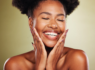 Image showing Cosmetics, black woman and skincare for wellness, natural beauty and confidence against brown studio background. Makeup, African American female and girl with lotion, face detox and organic facial.