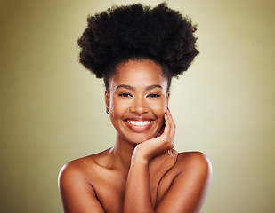 Image showing Black woman, afro hair or skincare glow on studio background for natural hair promotion, self love or empowerment. Portrait, smile or happy beauty model with makeup cosmetics on green mockup backdrop
