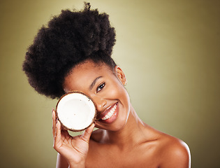 Image showing Beauty, skincare and coconut with portrait of black woman for health, moisture and natural cosmetics. Spa, antioxidants and self care with girl model with clean, wellness and tropical nutrition