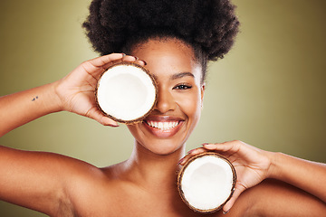 Image showing Skincare, beauty and portrait of model with coconut for glowing skin hydration, body care or anti aging. Diy exfoliate, antioxidants and black woman face with fruit product for natural acne treatment