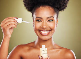 Image showing Beauty, skincare and portrait of model with serum for healthy skin glow, anti aging or hydration. Collagen oil, spa product and aesthetic face of black woman with hyaluronic acid for facial treatment