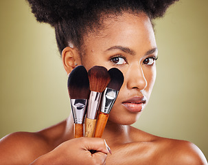 Image showing Makeup brush, black woman and beauty, cosmetics and foundation application accessories, cosmetology products and studio background. Portrait of young african model, beauty tools and facial aesthetic