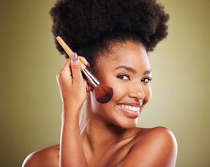 Image showing Makeup, brush and portrait of black woman with facial product to apply foundation, cosmetics or daily skincare routine. Cosmetology, healthcare and aesthetic face of model happy with beauty treatment