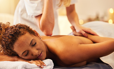 Image showing Relax woman, beauty and hands at a spa for a massage for back pain and body physical therapy. Relaxing, massage therapist and peaceful person resting and enjoy healthy luxury healing body treatment