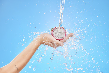 Image showing Woman, hands and water splash for clean dragon fruit on blue background in studio for healthcare wellness, skincare diet or nutrition. Zoom, water drop and liquid motion on tropical pitaya for model