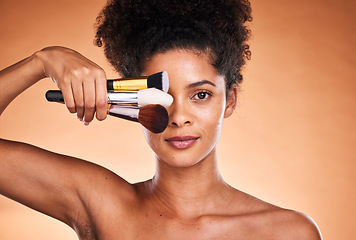 Image showing Beauty, makeup and portrait of black woman with brush for cosmetics, foundation application and skincare. Wellness, healthcare and aesthetic face of model with designer product for facial routine